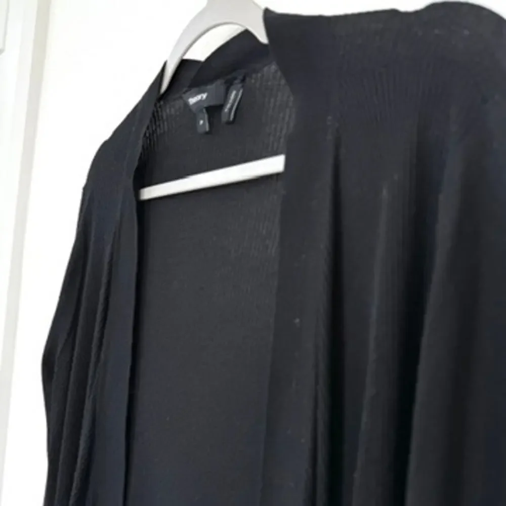 Theory Silk Blend Open Front Drape Cardigan Black Long Sleeve Asymmetrical Hem P